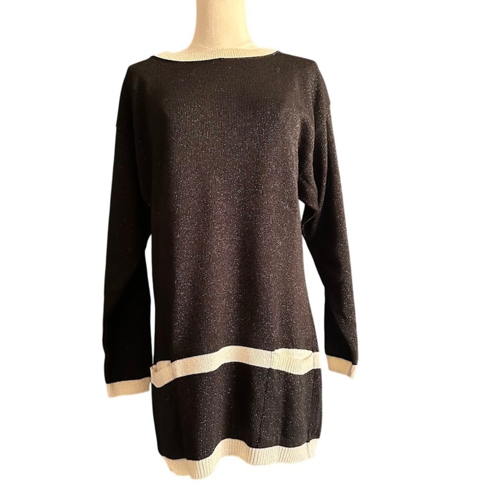 Vintage GOLDWORM NEW YORK‎ Black Sparkle Knit Sweater Dress Tunic Pockets Small